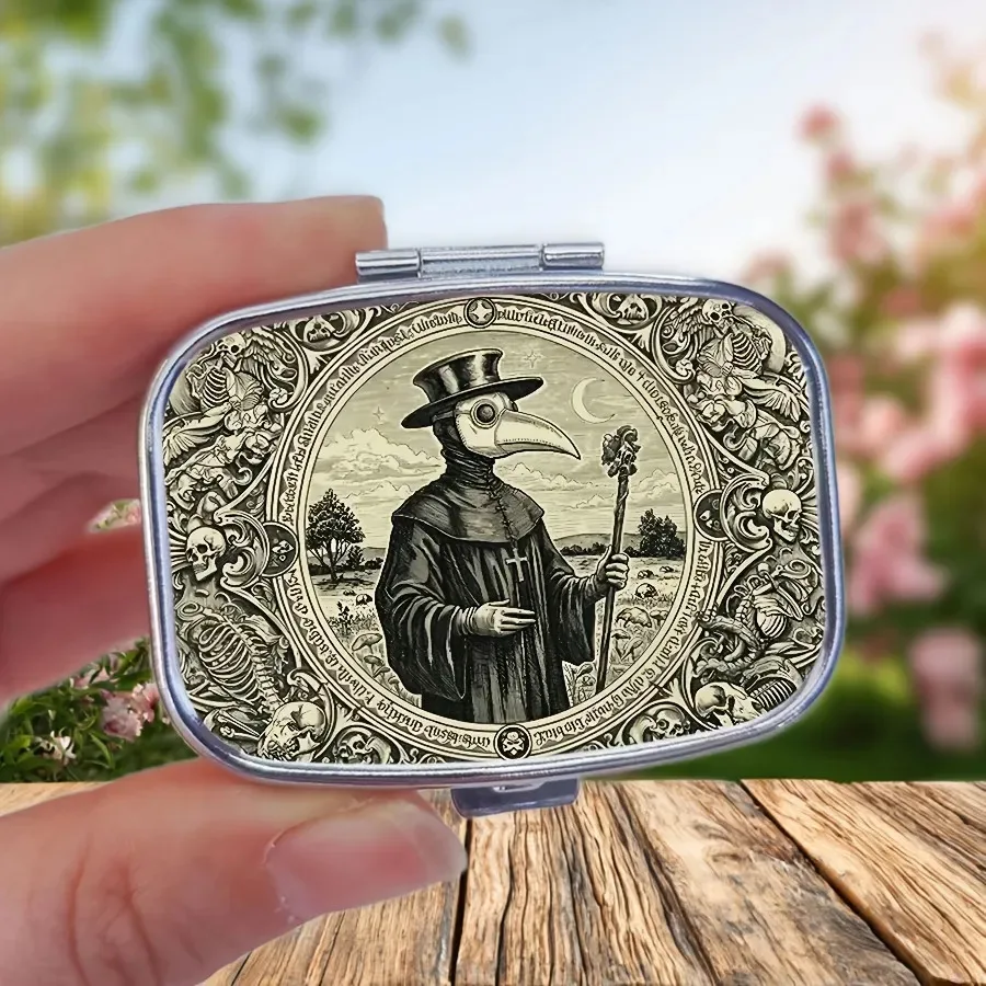 Gothic Plague Doctor Metal Pill Box, Small Portable Travel Pill Holder, Antique Art Decor Storage Case for Pills & Vitamins
