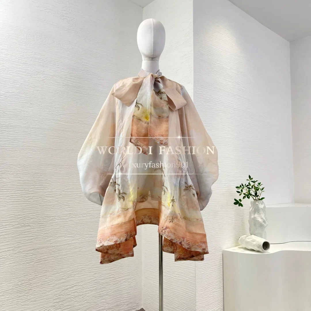 

High Quality Orange Beach Print Long Sleeve Mini Dress 2025 Silk
