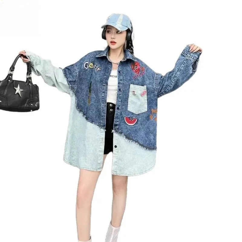 2025 الربيع والخريف الكرتون المطبوعة قميص دينيم المرأة فضفاضة عادية تنوعا تخفيض العمر