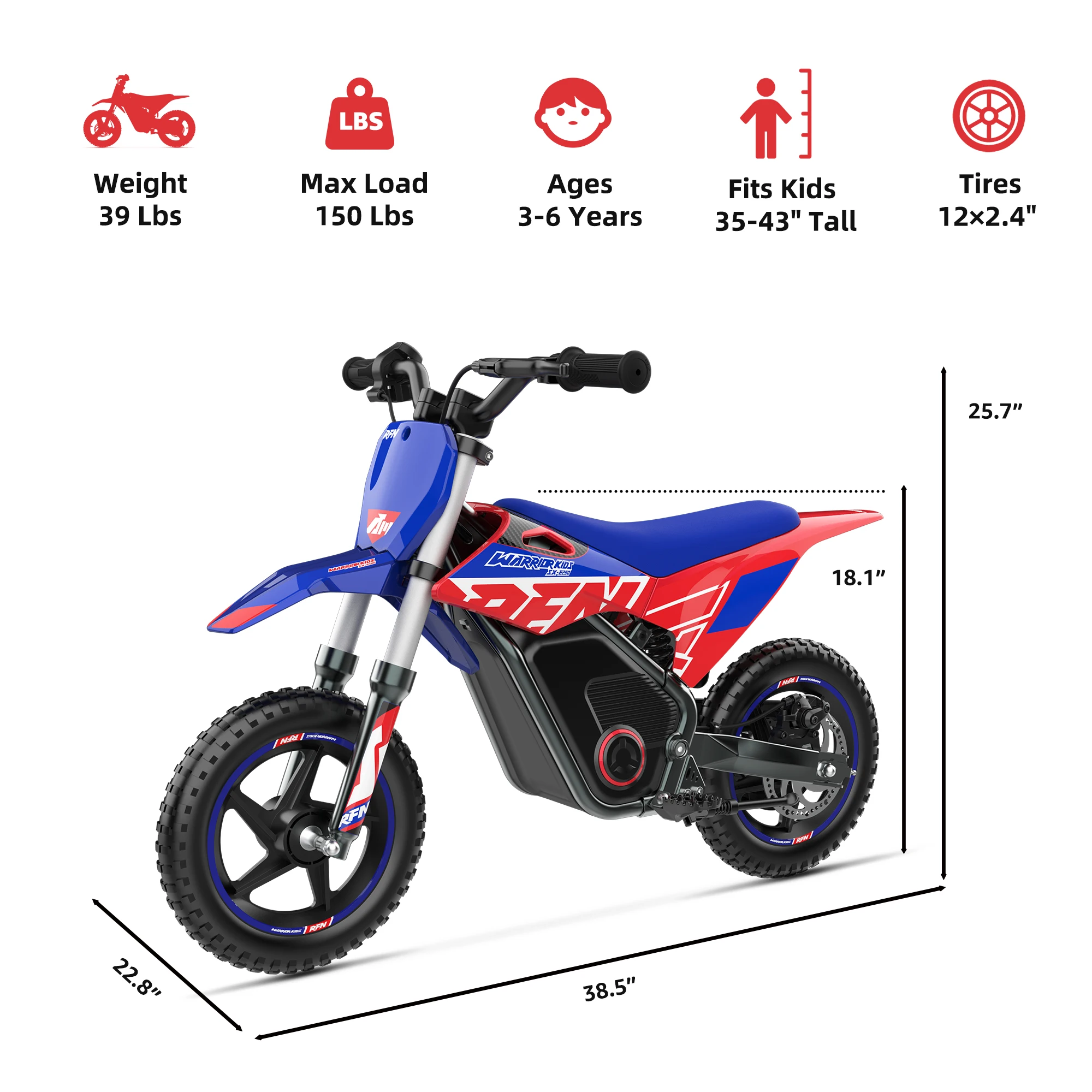 Vélo tout-terrain électrique RFN Warrior Kids E500 |   Moto tout-terrain 36V 400W pour enfants |   3 vitesses, portée de 11,2 milles, âgés de 3 à 6 ans