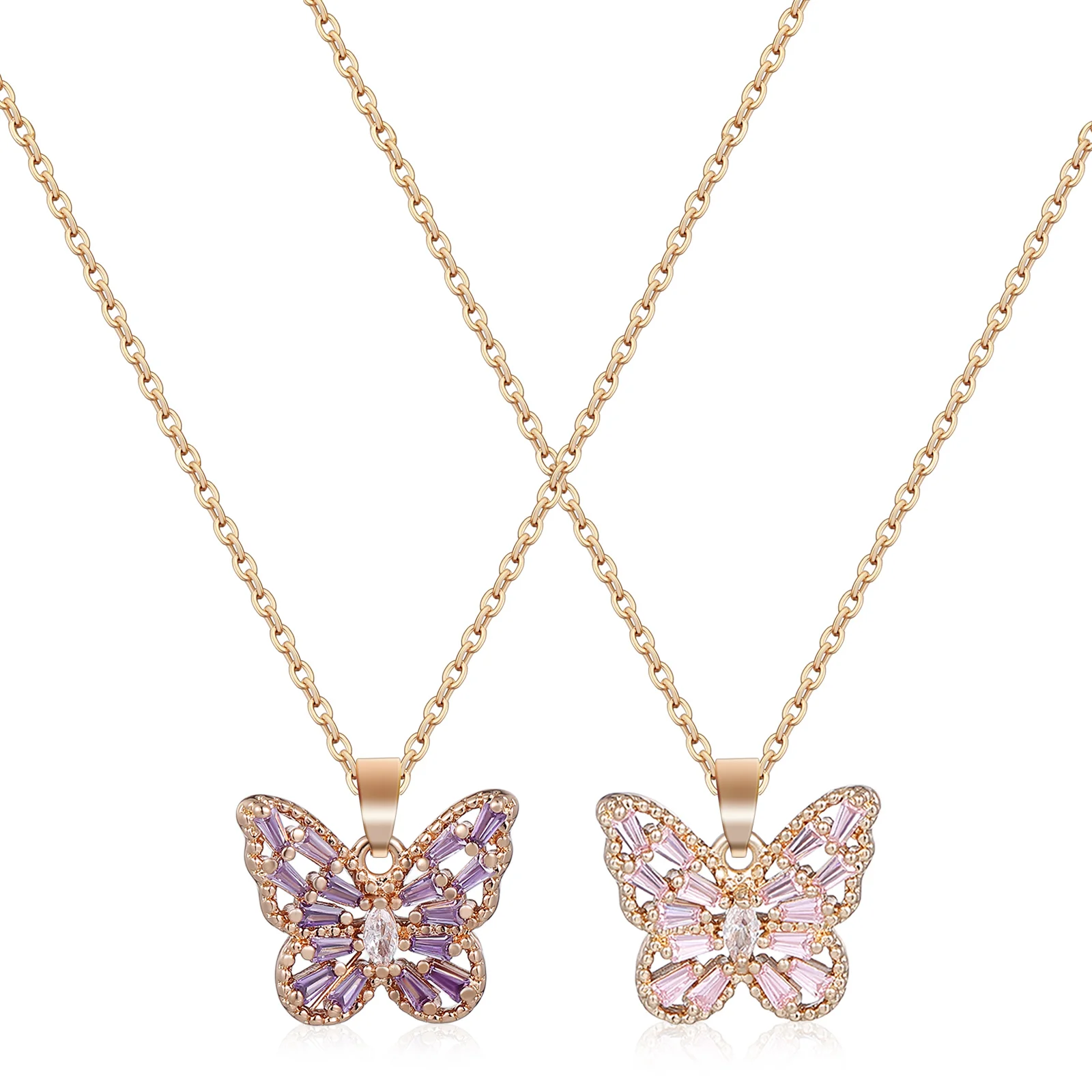 

2Pcs Titanium Steel Butterfly Necklace Rhinestone Pendant Elegant Jewelry for Women Girls Purple Choker Necklaces