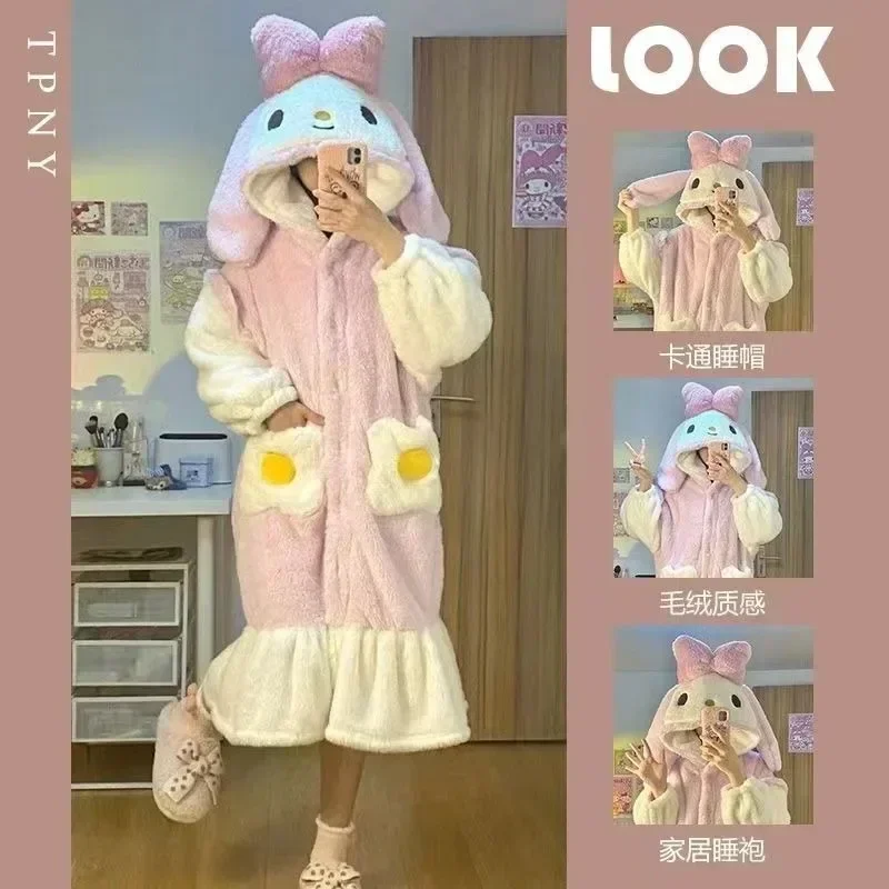 Kawaii Hello Kitty Cinnamoroll Kuromi My melody Pochacco new women's winter nightgown cute coral velvet thickened home clothes