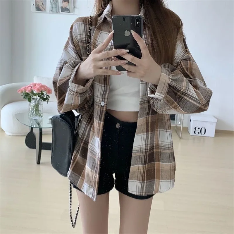 Vintage Fashion Single Breasted Blouse Ladies Plaid Shirt Women Autumn Long Sleeve Top Female Preppy Style Loose Check Shirts