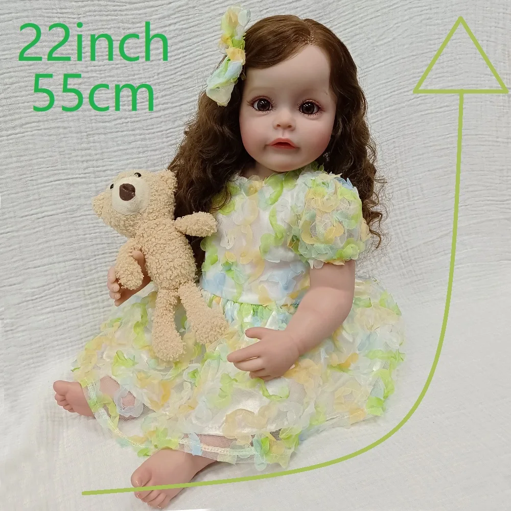 Rara boneca Rapunzel Reborn de vinil de 22" - cabelo loiro longo e encaracolado, olhos castanhos, vestido de princesa verde, poseável, caixa de presente e colecionadores