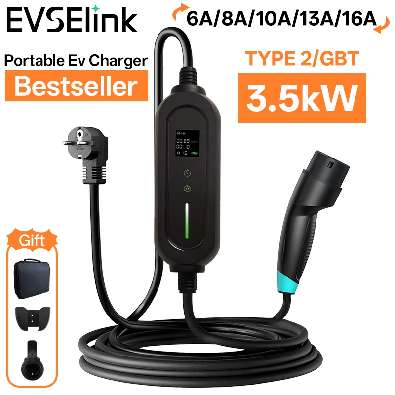 

EVSELink Portable Ev charger type2 GBT 3.5kW 3.5M 5M home AC electric vehicle charger Charging Plug
