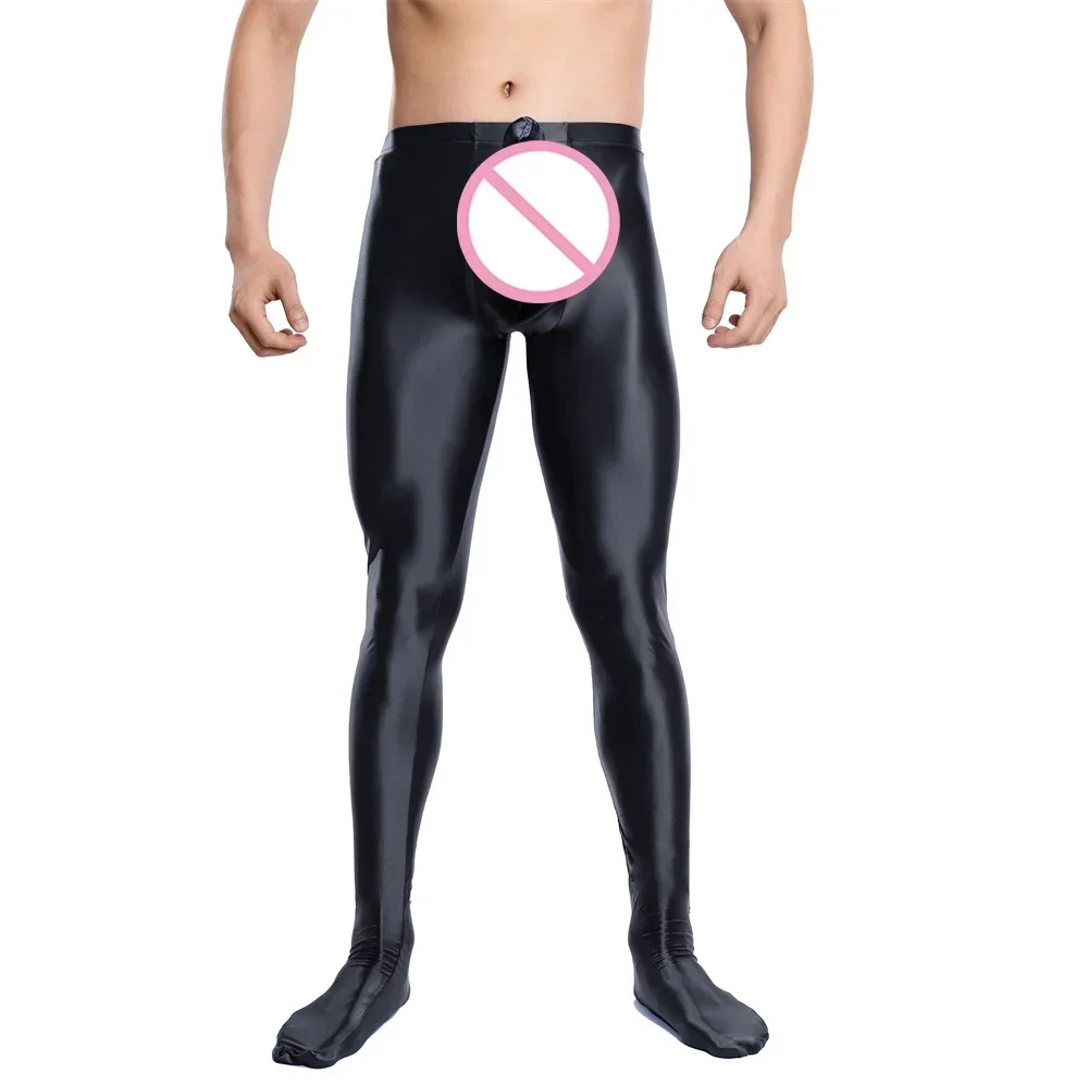 Men's Long Johns Sexy Sheer Glossy Pantyhose Solid Color Oil Smooth Tights Leggings Elastic Home Pants Long Bulge Pouch Trousers