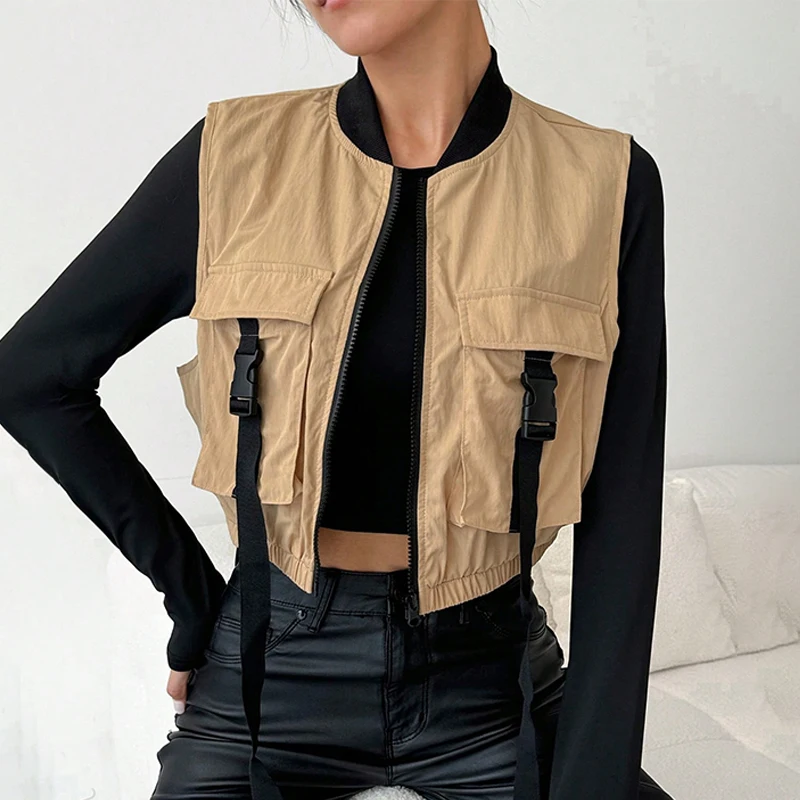 Women's new motorcycle wind jacket fashion vest spring and summer zipper cardigan casual round neck coffee color ladies motorcyc