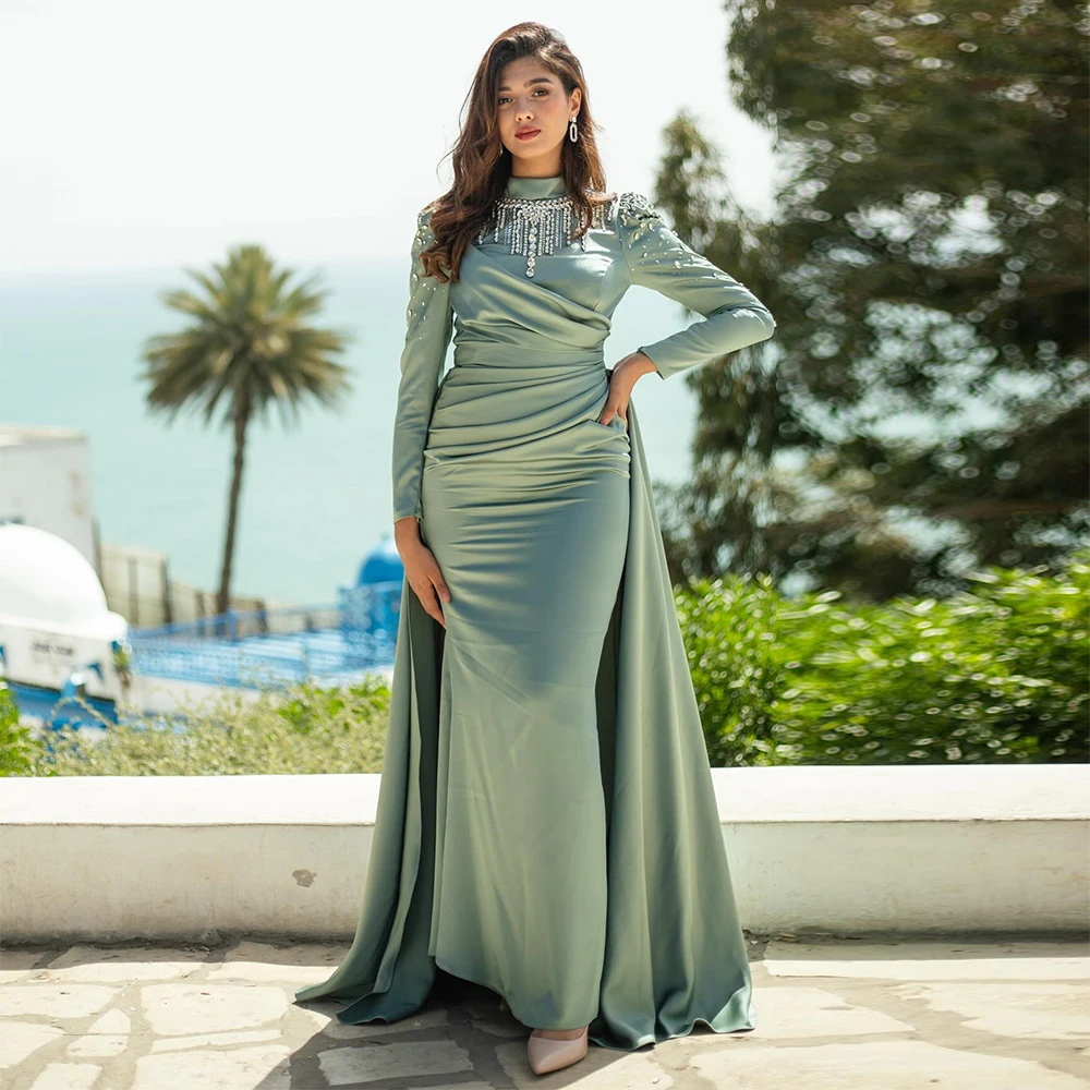 

Modest Evening Dress High Collar Crystal Long Sleeves Luxurious Evening Gowns for Women 2025 Mermaid/Trumpet Satin Formal Dress