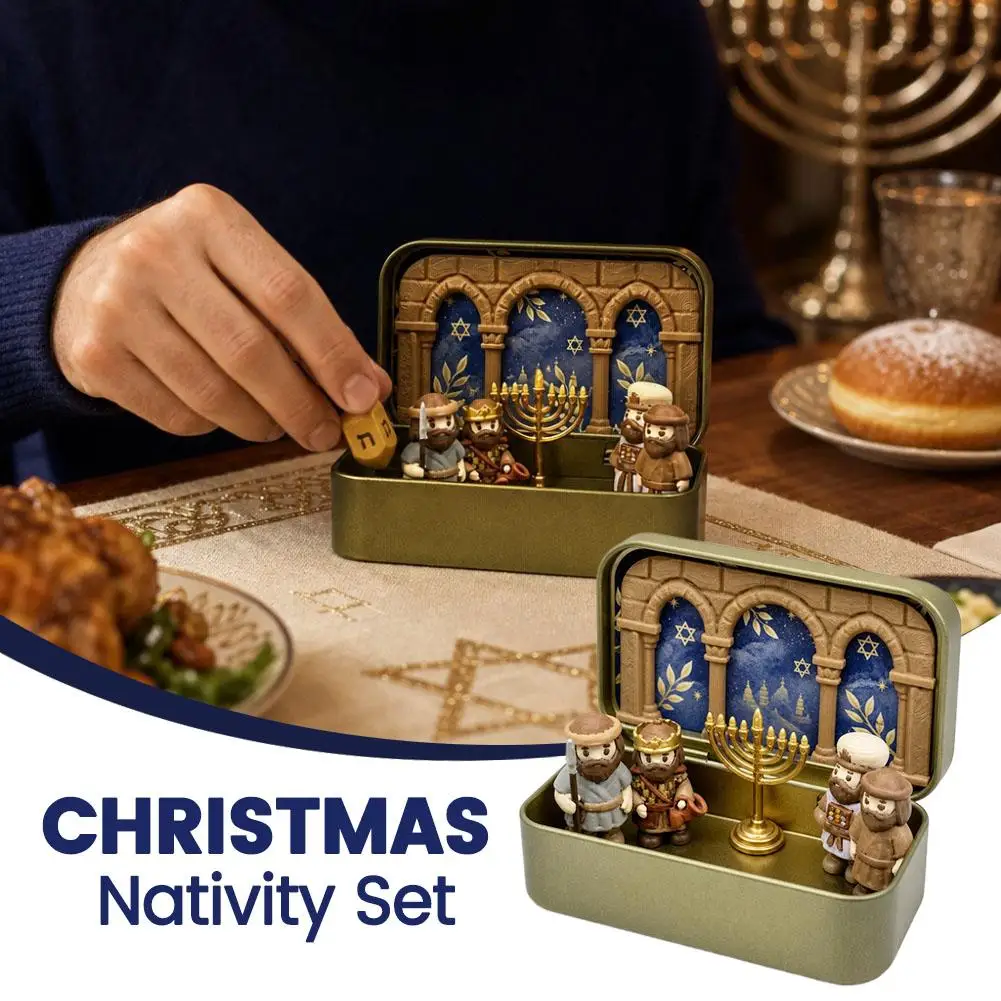 3D Tabletop Decor Miniature Holiday Scene Set Mini Hanukkah Menorah Diorama Tin Box Christmas Manger Combination Exquisite Gift