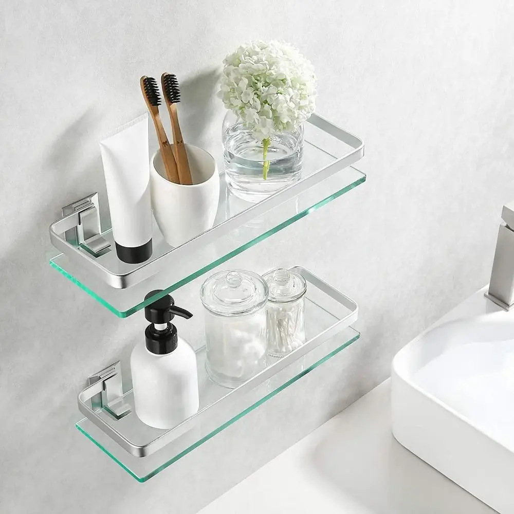 Aluminum Glass Bathroom Storage Rack Silver Tempered Thickened Glass Glass Shelf Organizer Space Saving Rectangular Shape