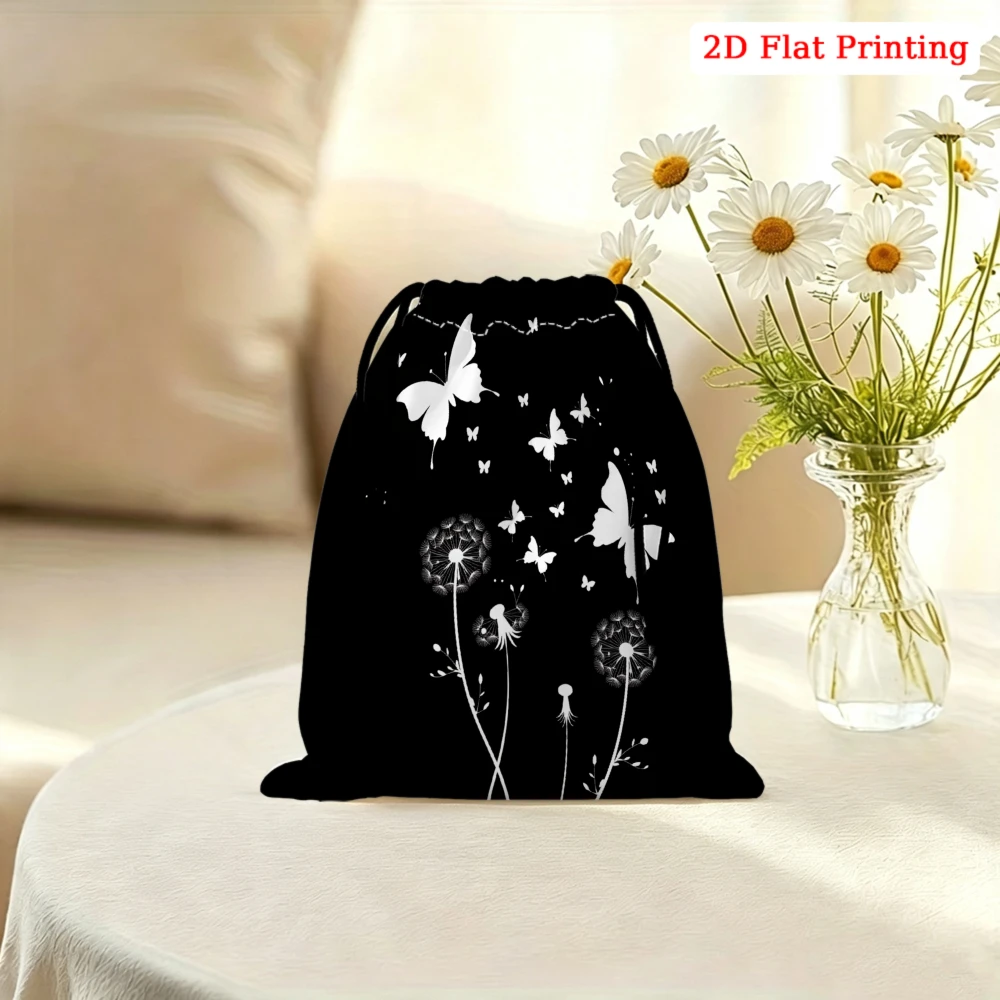 1pc Fashion Drawstring Bag Black Butterfly Dandelion 2d Flat Printing Storage Small Pouch For Glasses Jewelry Cosmetics Travel P