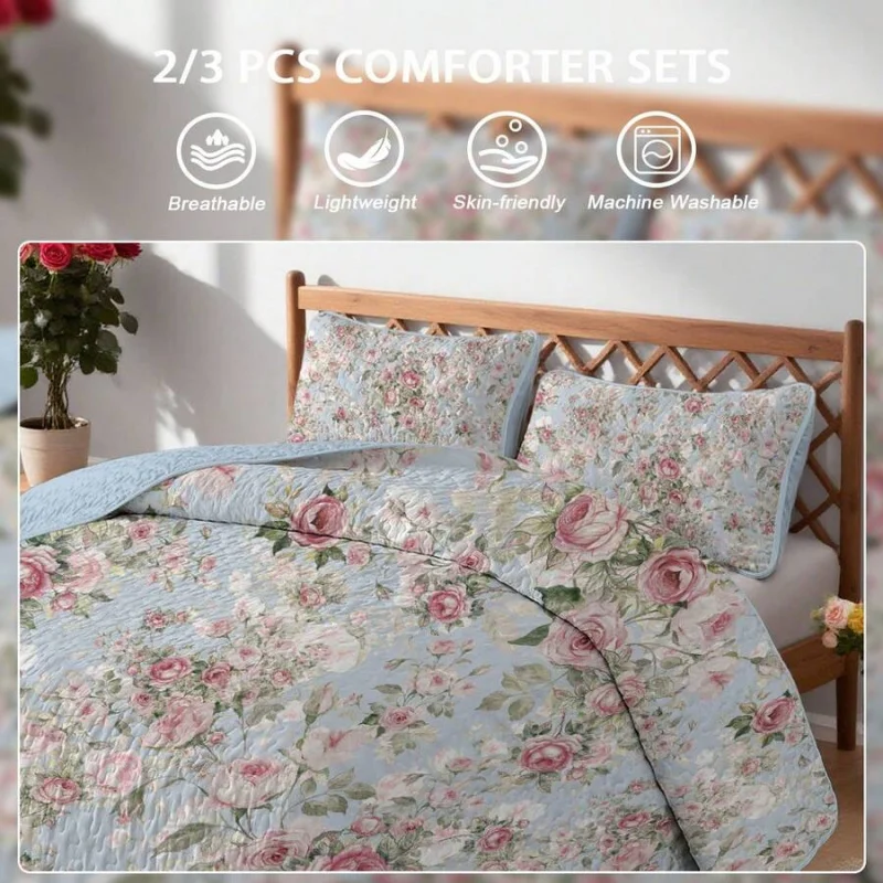 2/3pcs Artistic Peony Print Quilt Set (1 Quilt + 1/2 Pillowcases), 100% Polyester,  Machine Washable Lightweight