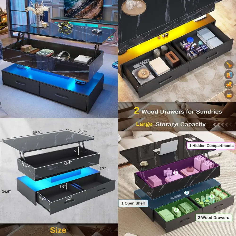 

LED-Illuminated Storage Coffee Table with 2 Drawers for Living Room, Small Lift Top Design