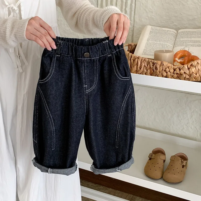 

Детские джинсы для мальчиков и девочек на весну/осень, повседневные удобные прямые брюки, темно-синие свободные джинсовые штаны для детей 2-11 лет