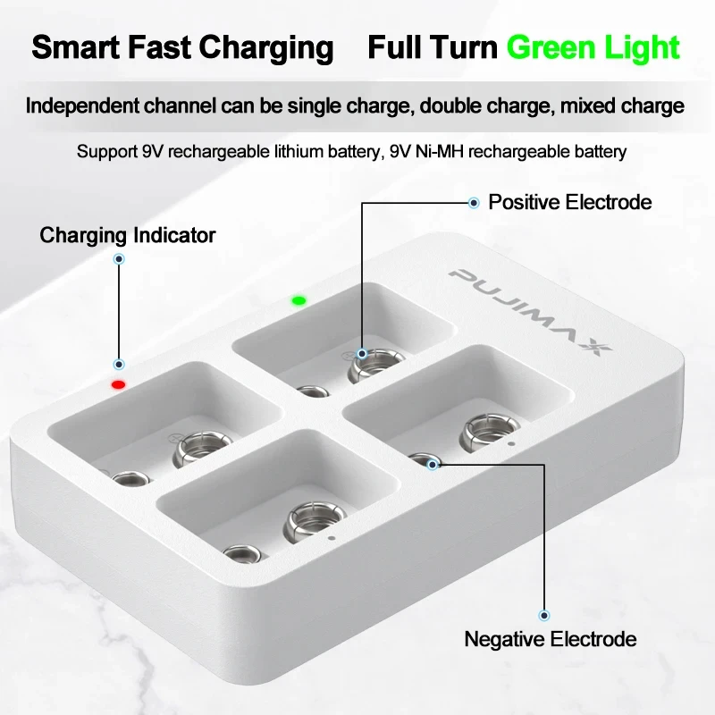 Inteligentna szybka ładowarka PUJIMAX 4 gniazda 9V z wskaźniki LED kablem USB do akumulatorów 9V Ni-mh/Ni-Cd/li-ion