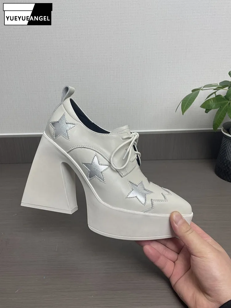 

Модные офисные женские туфли на высоком каблуке из натуральной кожи, на шнуровке, с квадратным каблуком-звезда, низкие, на толстой платформе