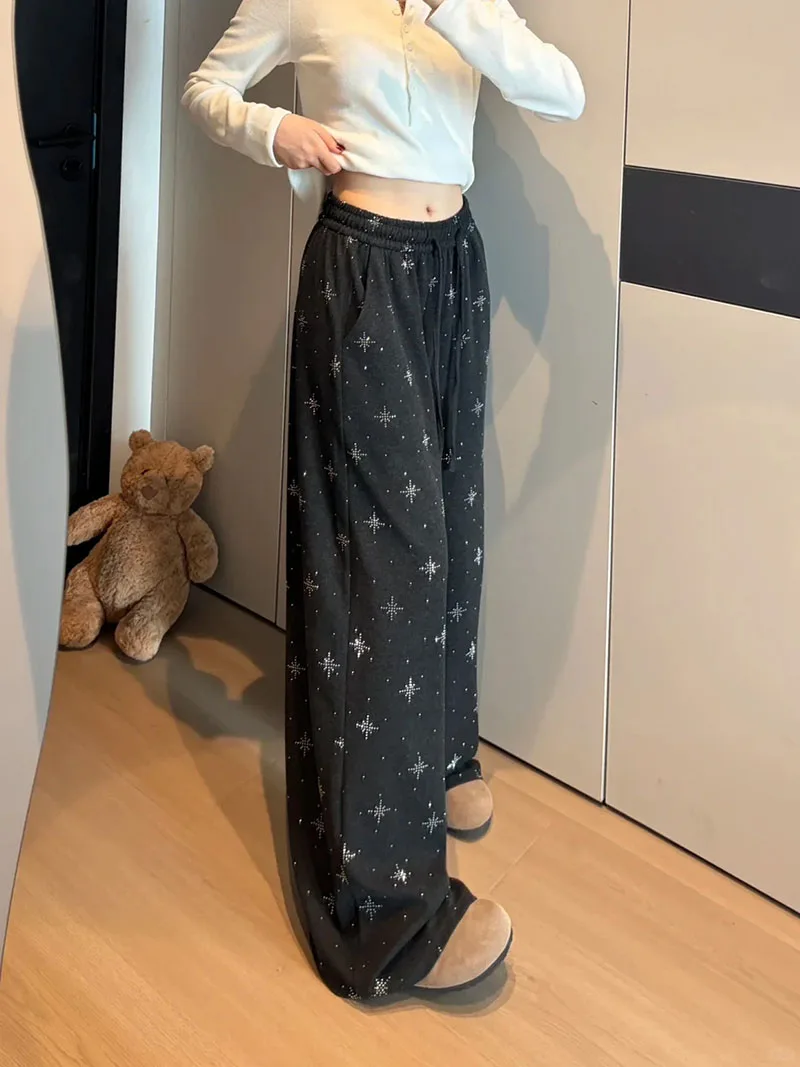 Black Star Rhinestone Sweatpants for Women Autumn New Drawstring Waist Wide Leg Pants Solid Color Casual Straight Long Trousers