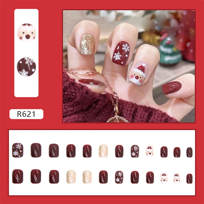 24Pcs/Set Show White Red Colour Christmas Atmosphere Wearing False Nails Short Fake Nails Tips French Removable Press-on Nails