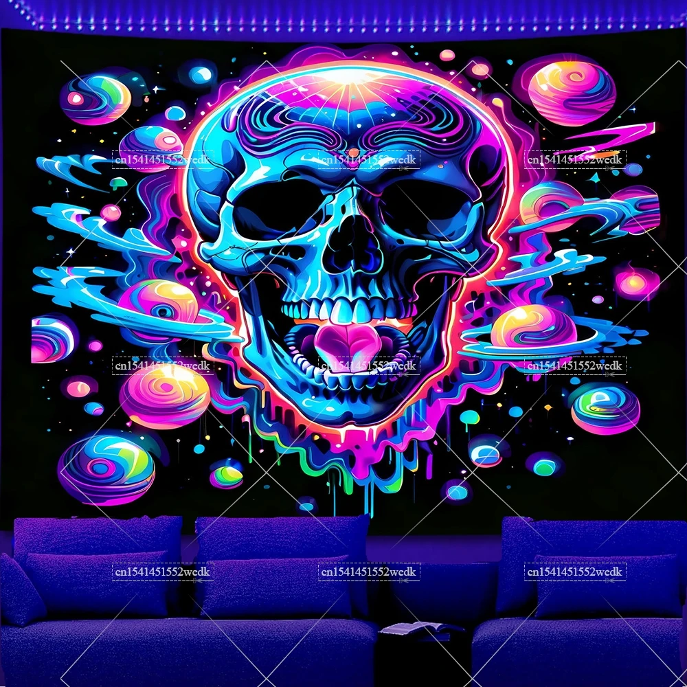 Skull Blacklight Galaxy Tapestry UV Reactive Halloween Skeleton Black Light Tapestrys Glow In The Dark Aesthetic Neon Backdrops