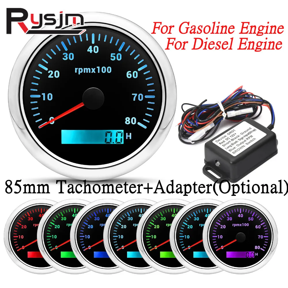 

12V/24V 85mm Tachometer Tacho RPM Signal Adapter For Gasoline Diesel Engine 0~3000rpm 3K 6K 7K 8K RPM Gauge 7 Colors Backlight