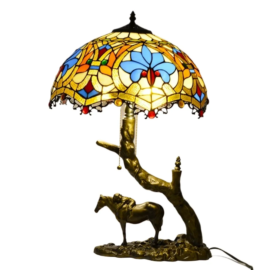 16-inch AC LED Mediterranean style dome eco-friendly desk lamp E26/E27 socket, colored glass lampshade, antique-style lantern