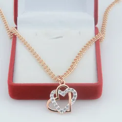 FJ New Women 585 Rose Gold Color White Heart Crystal Double Pendant Jewelry Chains