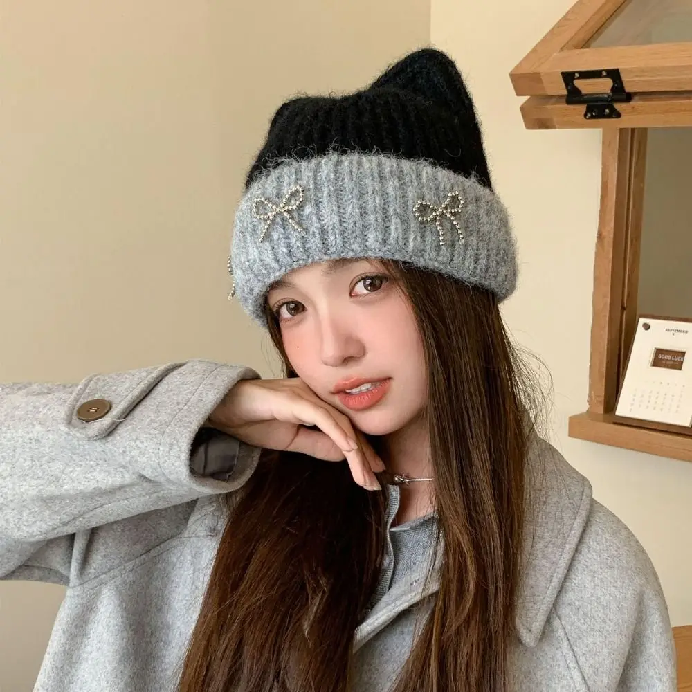 Cute Contrast Color Cat Ear Knitted Hat Bow Warm Cap Crochet Basin Cap Solid Color Jennie Style Knit Beanie Apparel Accessories