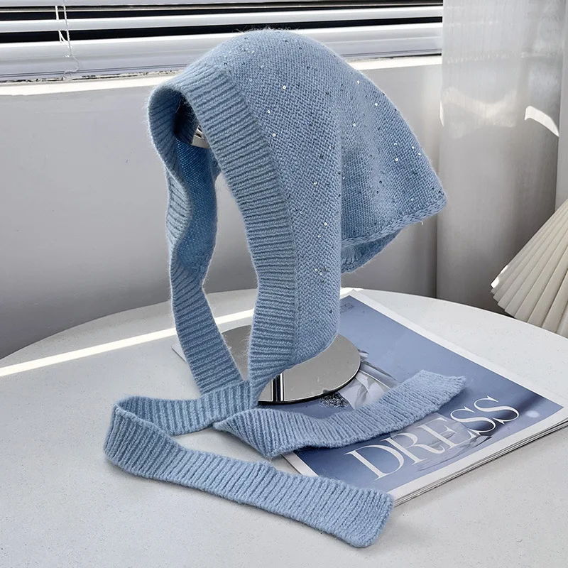 Koreanische Mode: Pailletten-Dreieckstuch aus Kaninchenhaar-Mischgewebe für Herbst und Winter, vielseitiges gestricktes Stirnband mit Schnürung für Damen – Detail 9