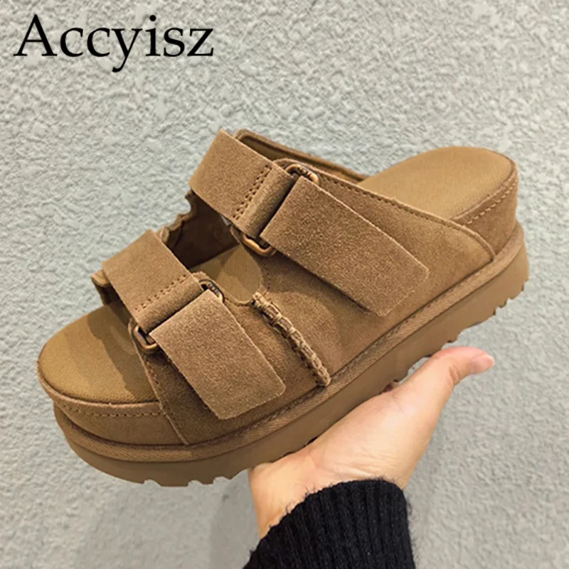 

Summer anti slip suede metal buckle decoration exposed toe waterproof platform thick soled slippers women's casual flat shoes