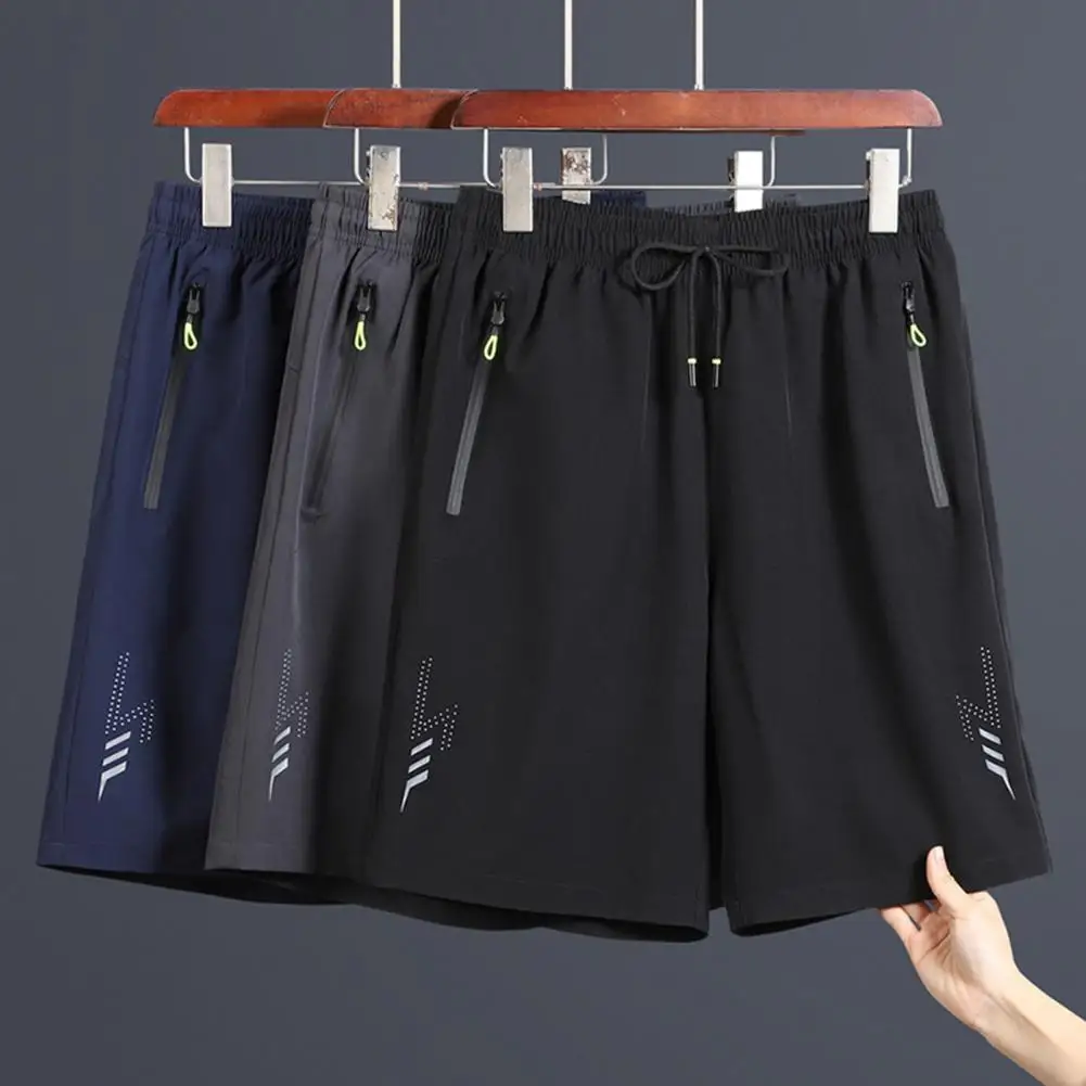 

Men Zipper Pocket Shorts Quick Drying Elastic Waist Men's Sport Shorts with Adjustable Drawstring Zipper Pockets Ice Silk Fabric