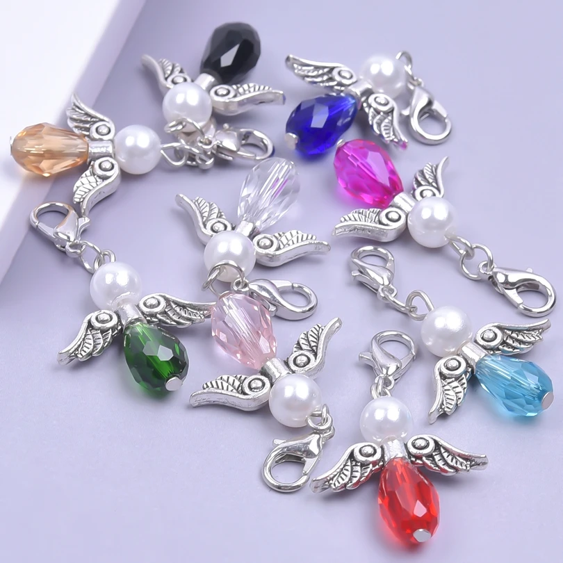 9PCS Angels Keychain Guardian Angel Wings Charms For Jewelry Making Supplies Colorful Crystal Beads Lobster Clasp Accessories