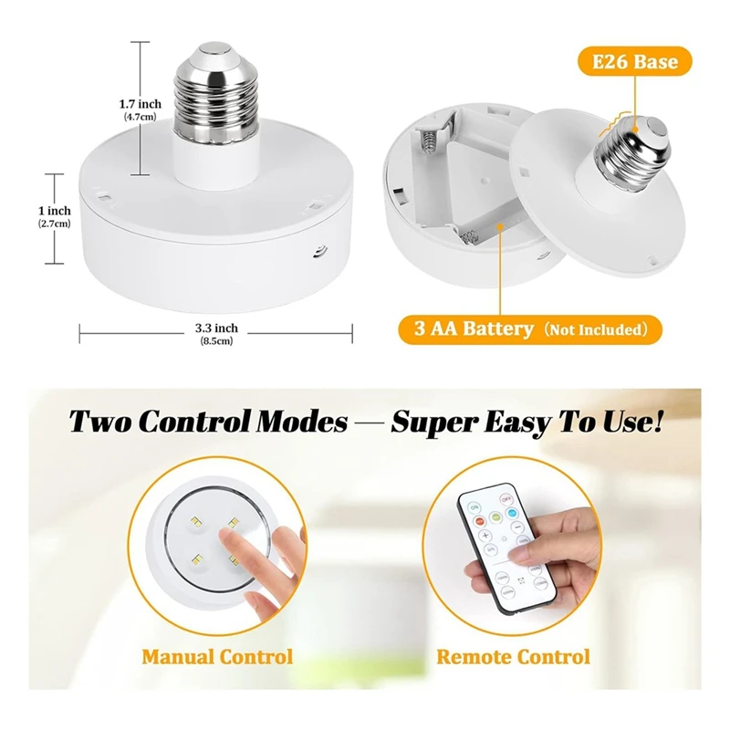 Batterij Werkende Gloeilamp Voor Lampen, Schroef In Led Puck Verlichting Met Afstandsbediening, Met E26 Aansluiting Voor Wandschans 2Pack