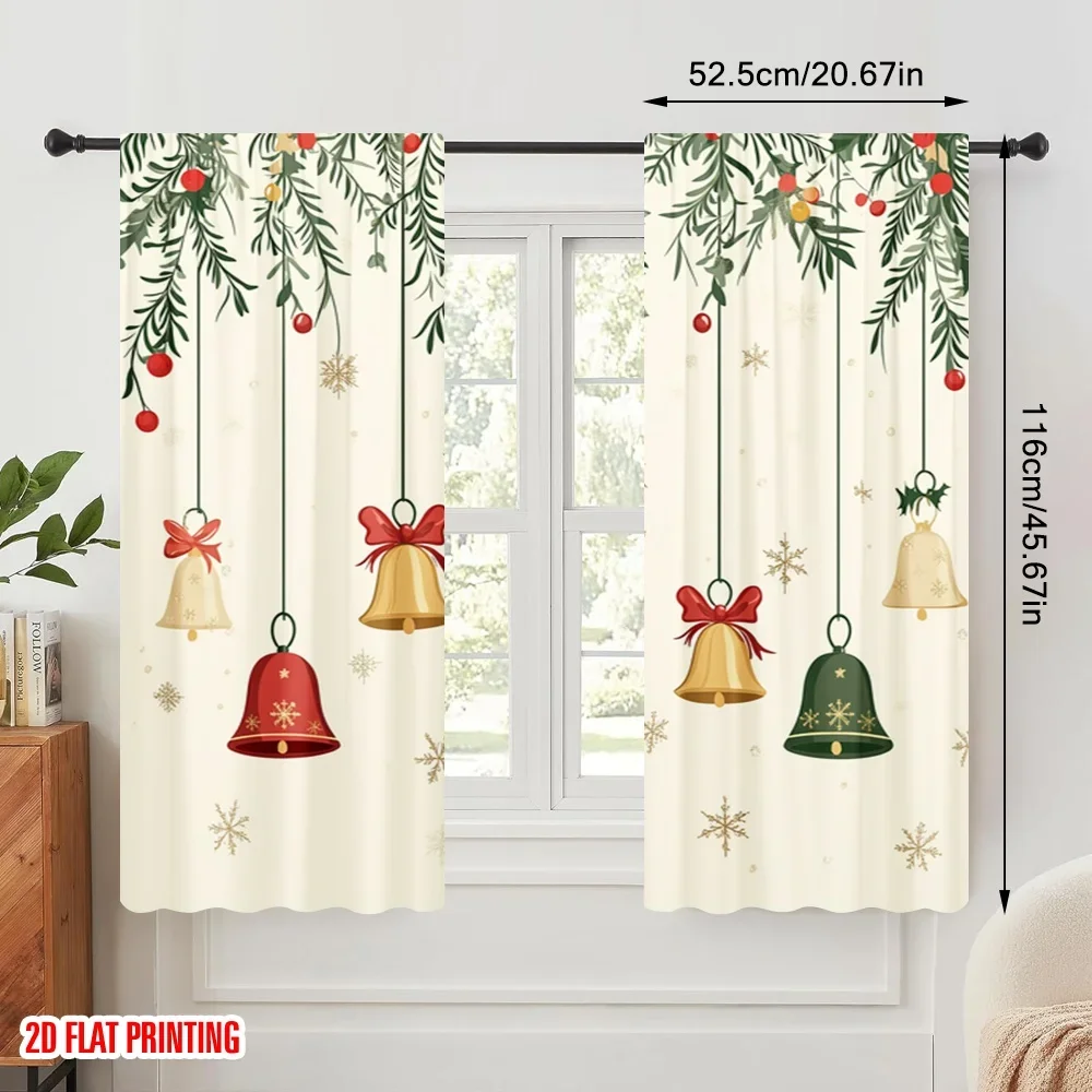 2pcs,2D plane printing Light Filtering Curtains Christmas Bells Holly Garland (2) Versatile Durable Polyester (without rod) Room