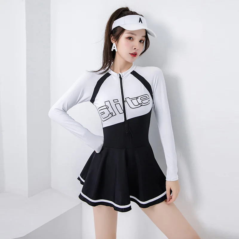 

Women's Bathing Suit 2023 New One-piece Long-sleeved Sports Skirt Conservative Flat Angle Covering Belly Shows Thin Hot Spring