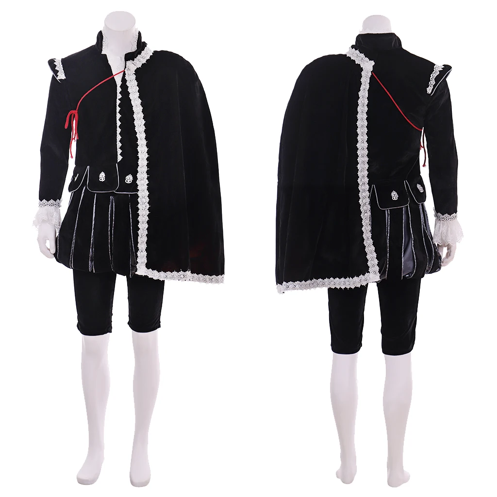 

Мужской костюм эпохи Возрождения в стиле элизабетанской эпохи и эпохи Тюдоров, черный наряд с накидкой, комплект для благородного дворянина, придворный костюм короля Генриха