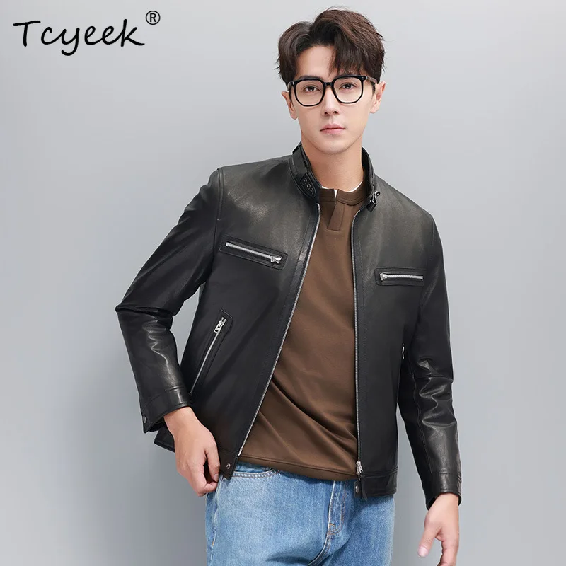 Tcyeek Natural Goatskin Real Leather Jacket Men Clothing 2026 Autumn Mens Coats Motocycle jackets Stand Short Jaqueta De Couro
