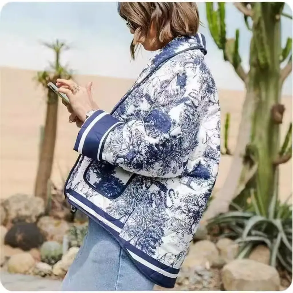 

Women's Cotton Coat Double Pocket Printed Design European And American Style Autumn Winter Fashion by