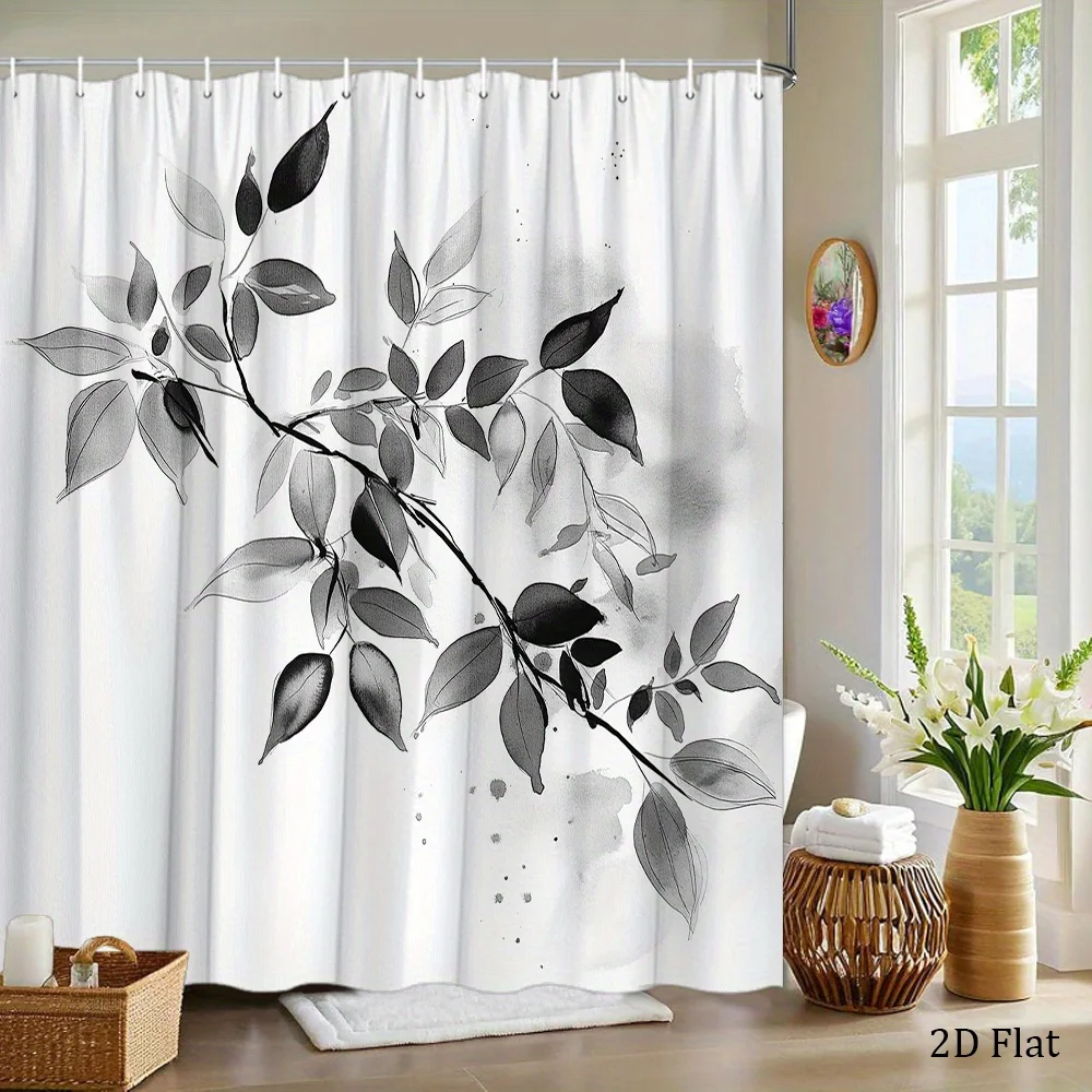1pc Black & White Watercolor Shower Curtain - Slender Branch with Elongated Grey Leaves, Minimalist Gradient Design, Organic Spl