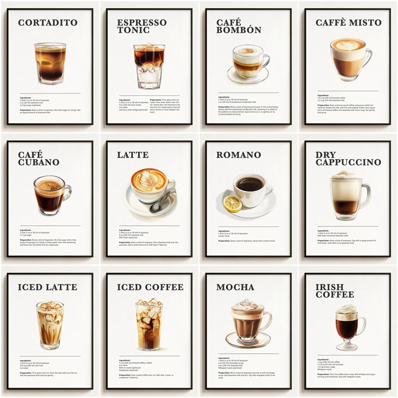 Cafe Poster Coffee Recipe Art Print Canvas Painting Barista Wall Art Picture for Kitchen Home Decoration Coffee Lover Gift
