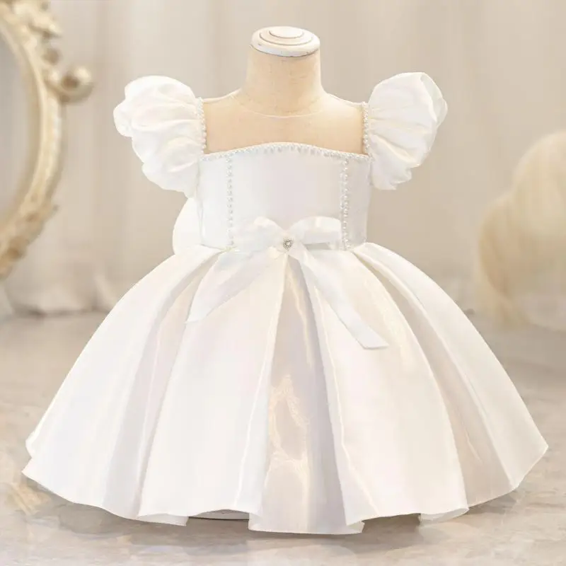 New Girls\' Bead Solid Color Bow Bubble Sleeve Princess Dress Christmas Halloween Birthday Party Fashionable Evening Dress