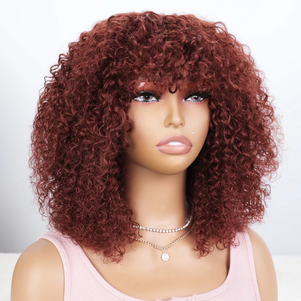 Sleek Cooper 33# Ginger Afro Kinky Curly Human Hair Wigs Brazilian P4/27 Remy Hair Bob Wigs With Bang 250% Density Black Human