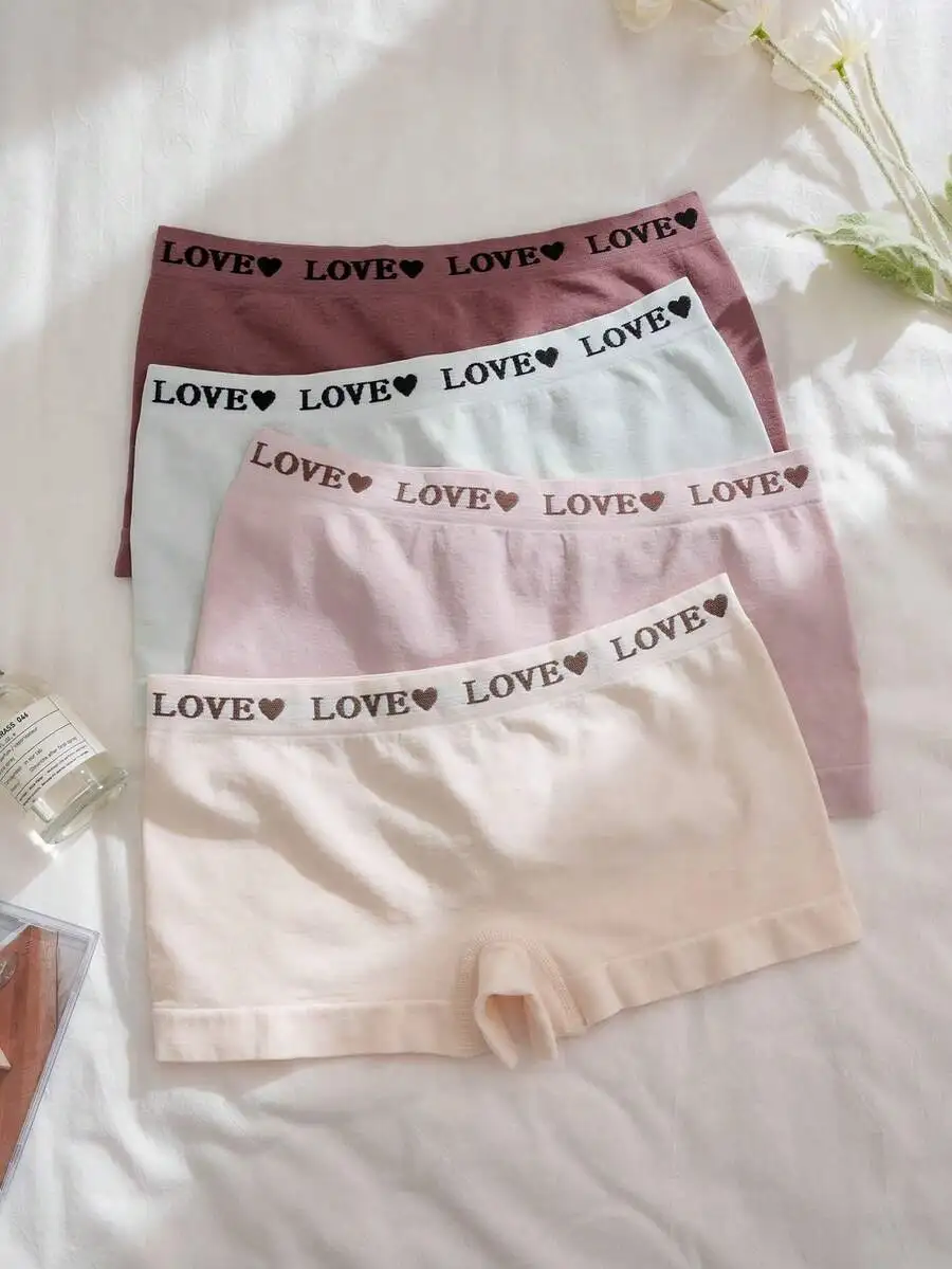 

4pcs Women Seamless Comfortable Boxer Briefs Low Waist Cotton Blend Love Print