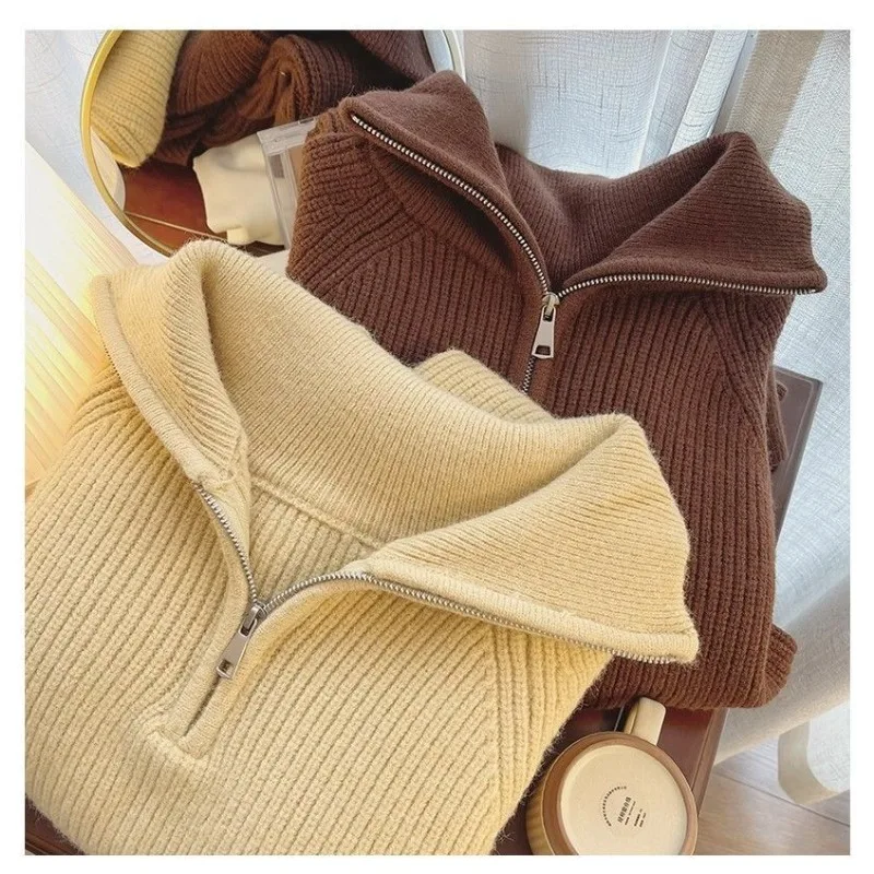 

Утолщенный трикотаж, новинка осени/зимы 2024, дизайн Sense of Design, молния, свободный вид, стройнее, с лацканами, ленивый ветер, свитер, куртка Ms.