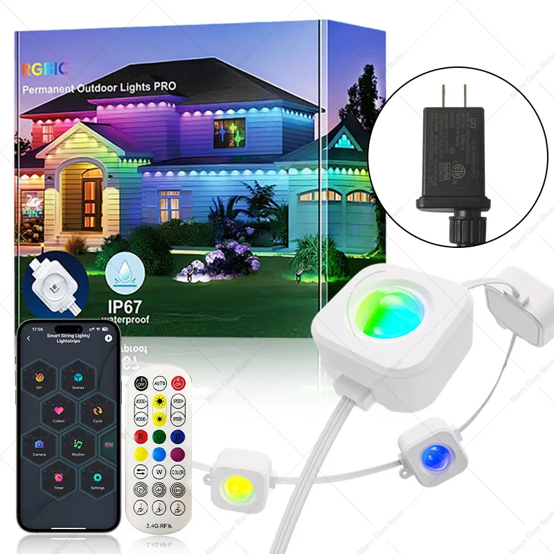 45M 90LED 영구 설치형 스마트 야외 RGBIC LED 조명 (리모컨 포함, 집 전체 마당 조명, 파티, 크리스마스, 휴일 장식용)