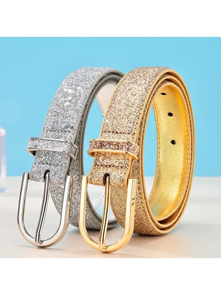 2024 Fashion Luxury Women Glitter Gold Belt High Quality Female Silver Waist Ceinture Korea  Clothing Accessories 95 105 115cm