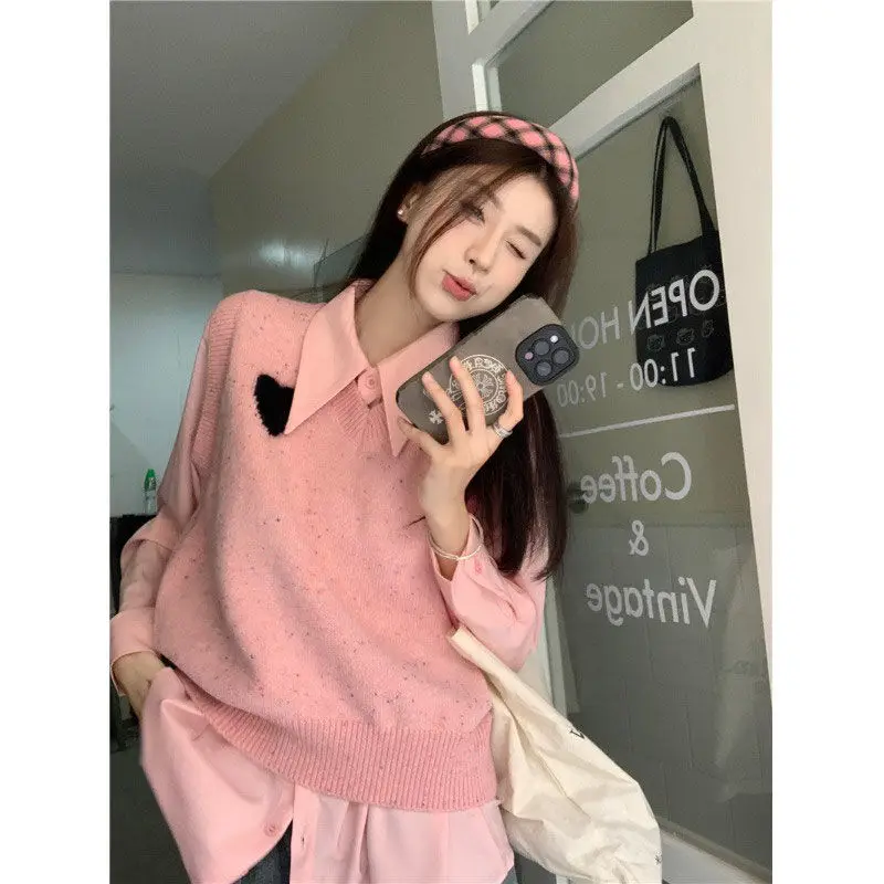 Spring and Autumn Sweet Wind Women\'s Love Jacquard Knitted Vest Early Spring Base Shirt Pink Shirt