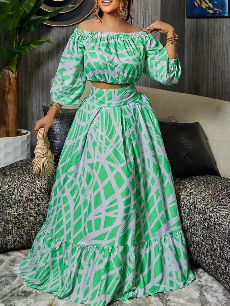 Top feminino sexy com decote em v e saia longa, terno elegante, estampa boho, roupas da moda, verão, 2023