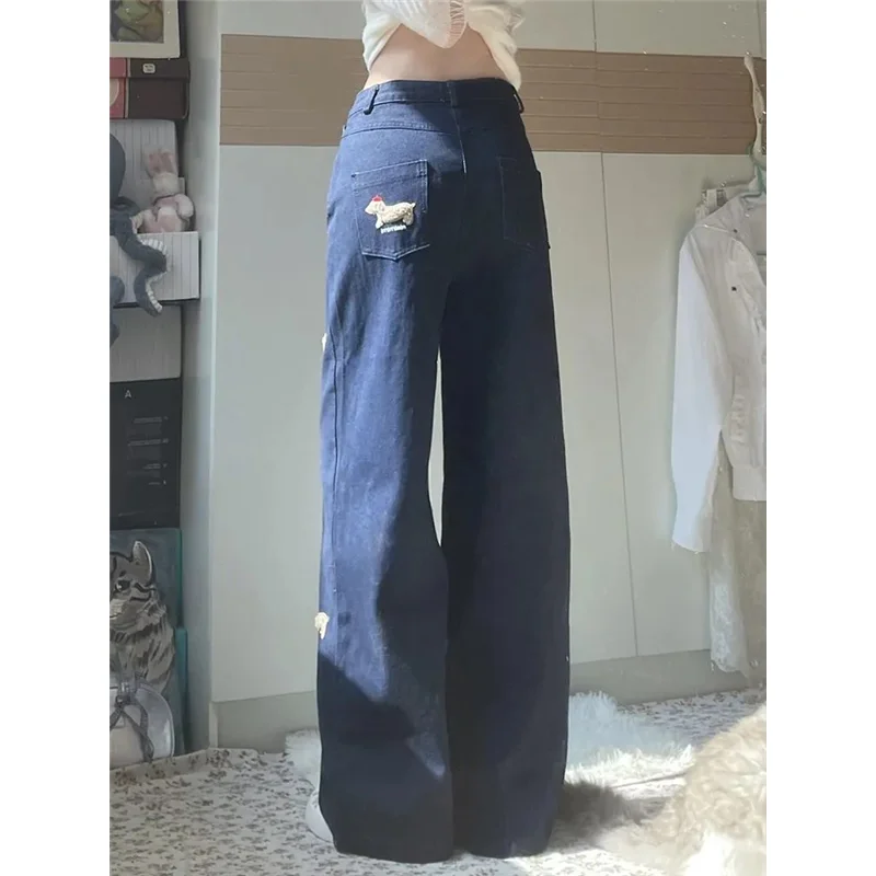 Calça jeans larga, bordada reta feminina, calça jeans azul, cintura alta, vintage, estilo americano, casual, perna larga, rua