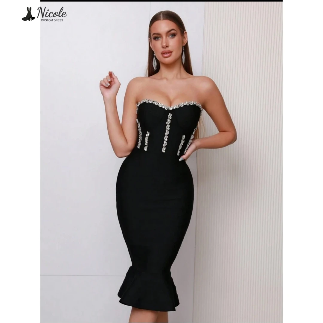 

Nicole Fishtail Skirt Women's Evening Dress Woman Custom Made Rhinestone Ball Gown Dress Rear Slit Evening Dresses Prom Dresses