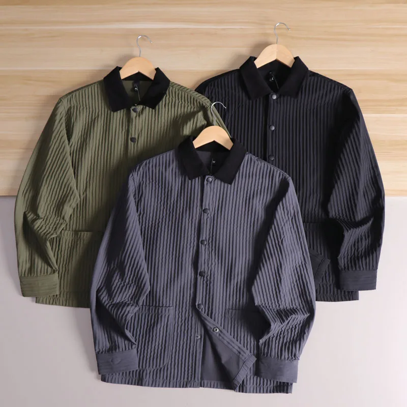 

Легкая плиссированная ткань премиум-класса, мужская рабочая одежда в стиле ретро, цветной воротник Blo, irt Jaet Faion Urban Sle Spring Au...